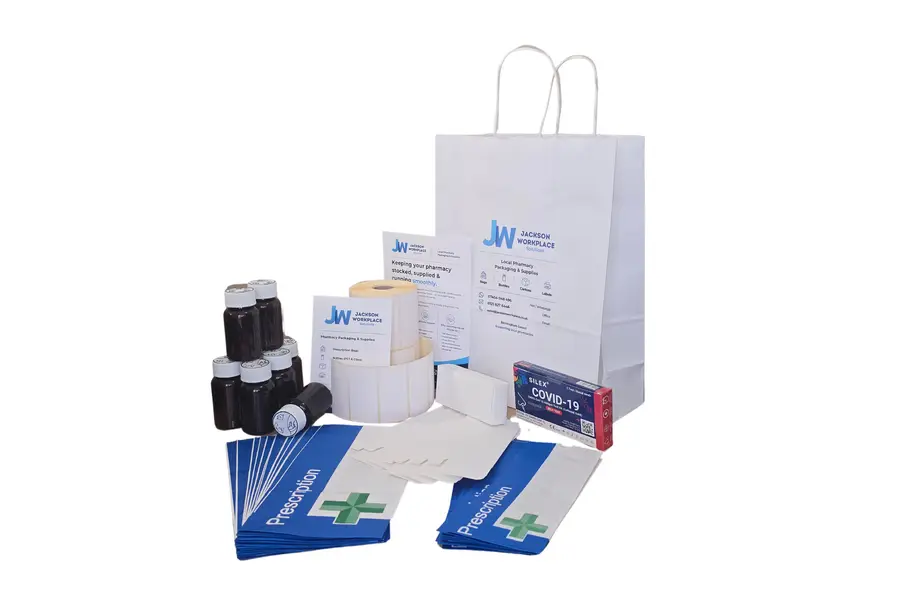 Jackson Workplace pharmacy sample pack — prescription bags, tablet bottles, labels and cartons